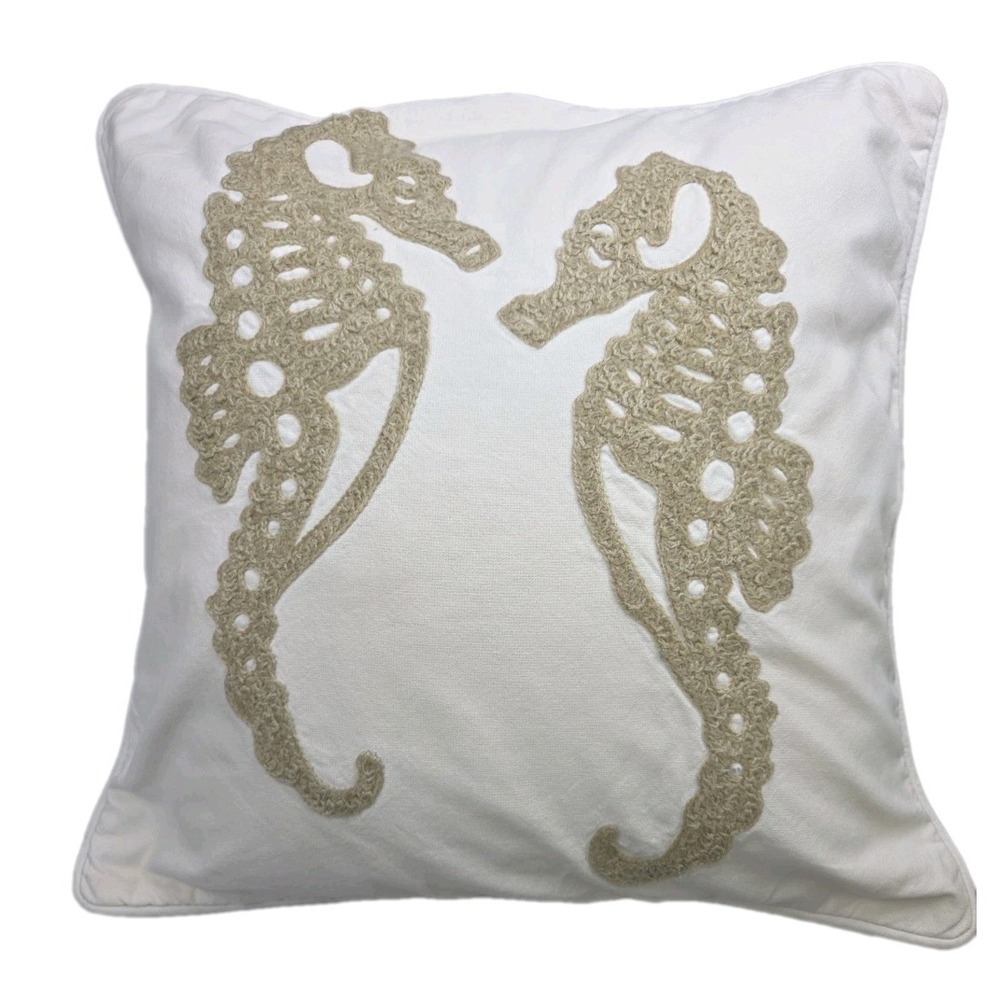 Pottery Barn Throw Pillow Embroidered Crewel Seahorses 2010 18x18" w Down Insert